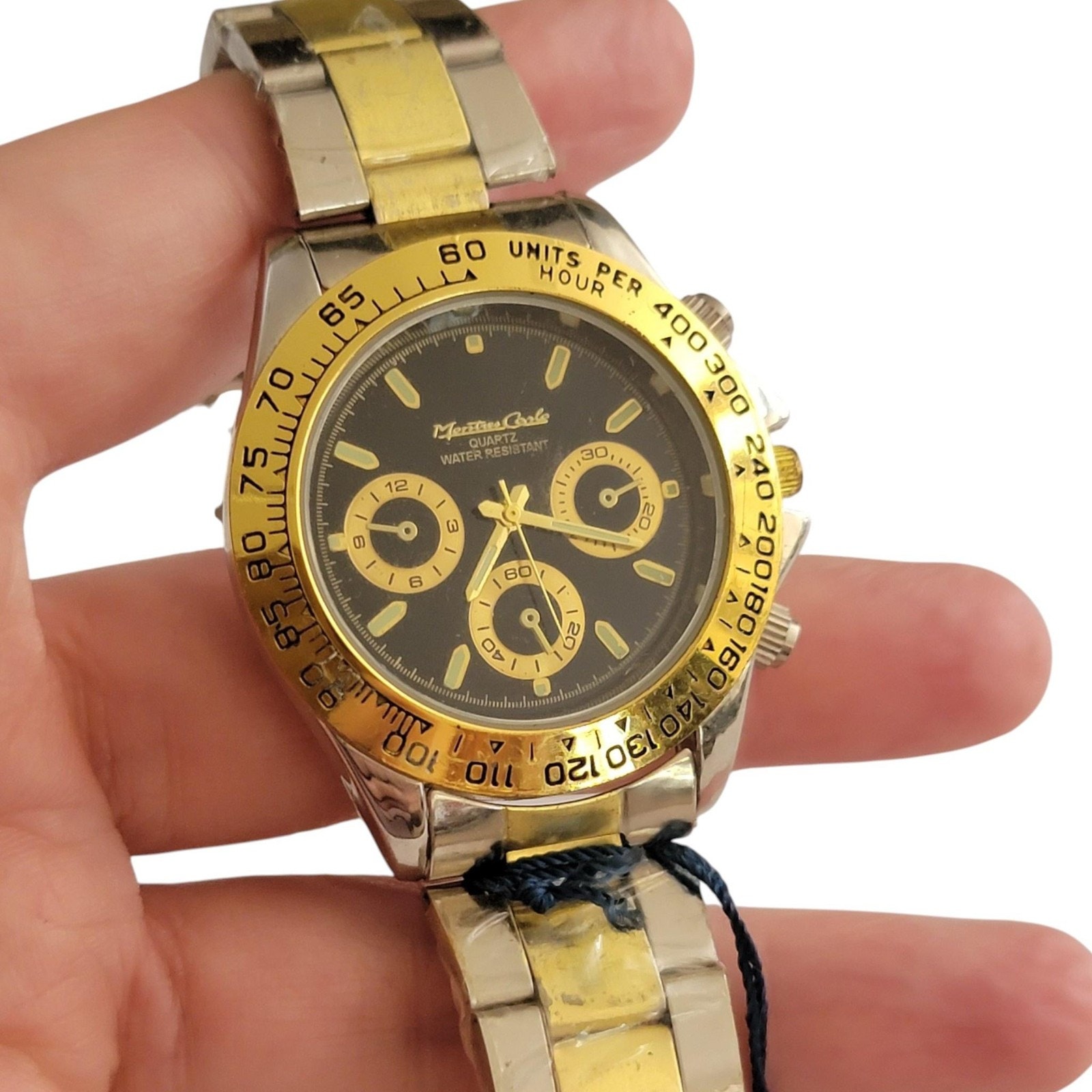 Monte Carlo Mens Watch Black Dial 40mm Silver Case Gold Bezel Stainless Steel